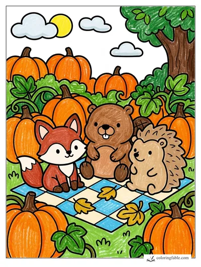 Woodland Friends on a Pumpkin Patch Picnic Quilt — colored example
