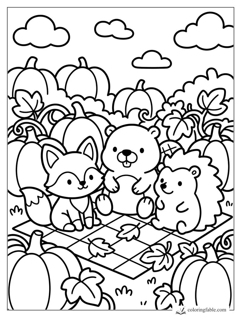 Fox, beaver, and hedgehog sitting on a checkered quilt among pumpkins, leaves, vines, and clouds.