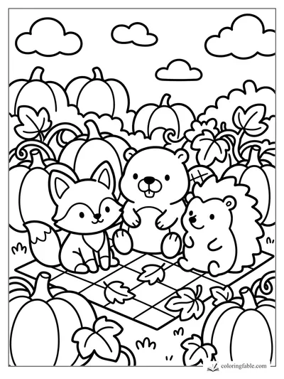Fox, beaver, and hedgehog sitting on a checkered quilt among pumpkins, leaves, vines, and clouds.