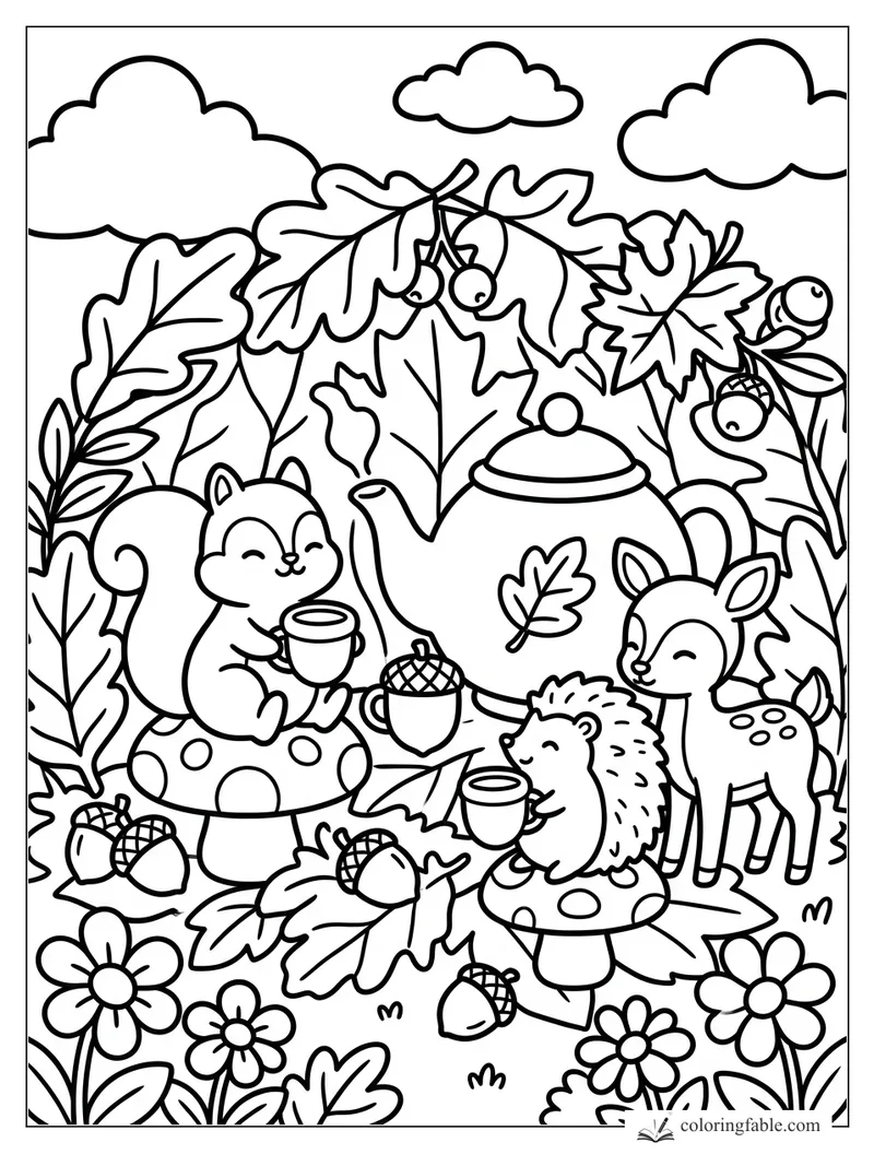 Squirrel, hedgehog, and fawn share tea beside mushrooms, acorns, oak leaves, and a big teapot.
