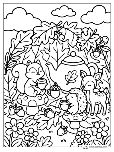 Squirrel, hedgehog, and fawn share tea beside mushrooms, acorns, oak leaves, and a big teapot.
