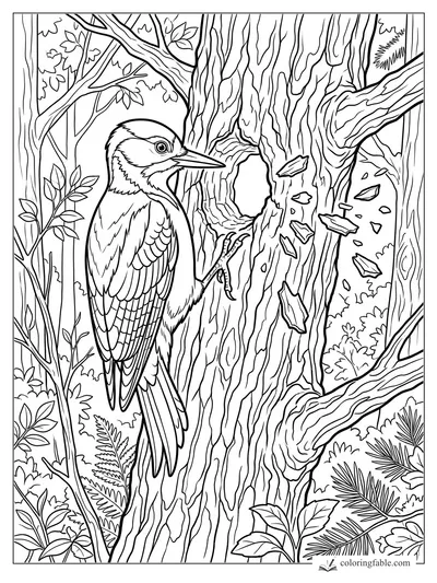 Realistic woodpecker clinging to a tree trunk beside a hollow, with bark chips, branches, and forest leaves.