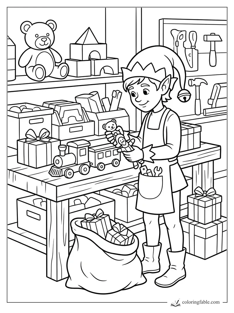 Cartoon elf in a toy workshop holding teddy bears beside a toy train, gift boxes, tools, and a stuffed sack.