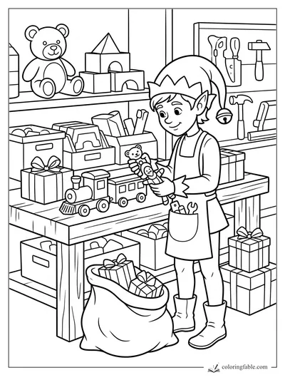 Cartoon elf in a toy workshop holding teddy bears beside a toy train, gift boxes, tools, and a stuffed sack.