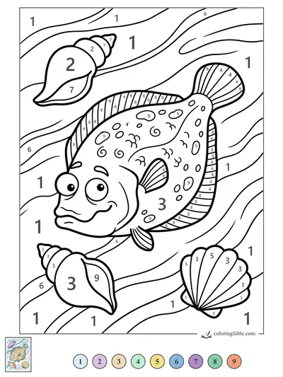 Worried Flounder Among Wavy Shells — color by number