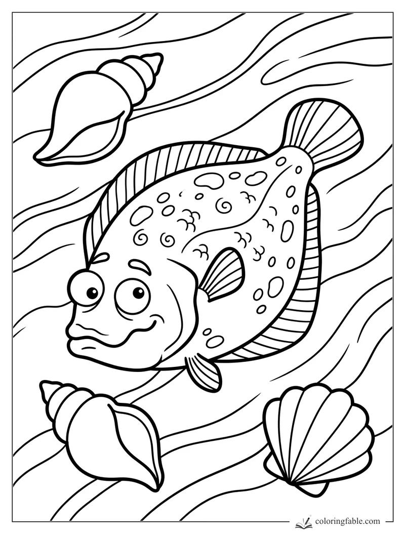 Cartoon flounder with big eyes, spots, striped fins, wavy water lines, and three seashells