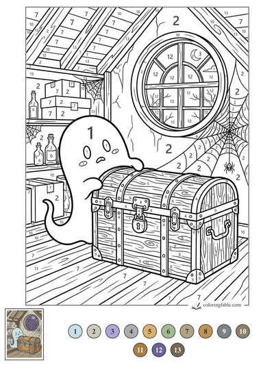 Worried Ghost Beside a Locked Attic Chest — color by number