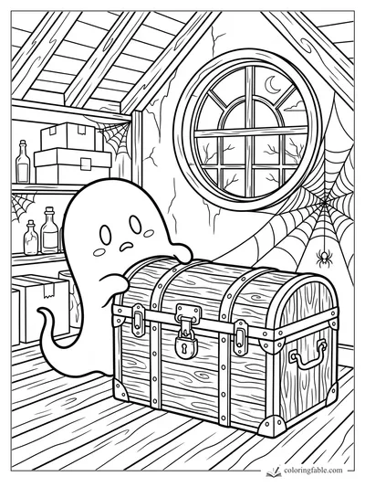 Cute ghost holding a locked wooden chest in a cobwebbed attic with bottles, boxes, and a round moon window.