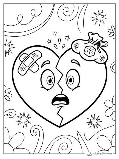 Cartoon cracked heart with worried eyes, a bandage, tied pouch, stars, flowers, and swirling doodles.