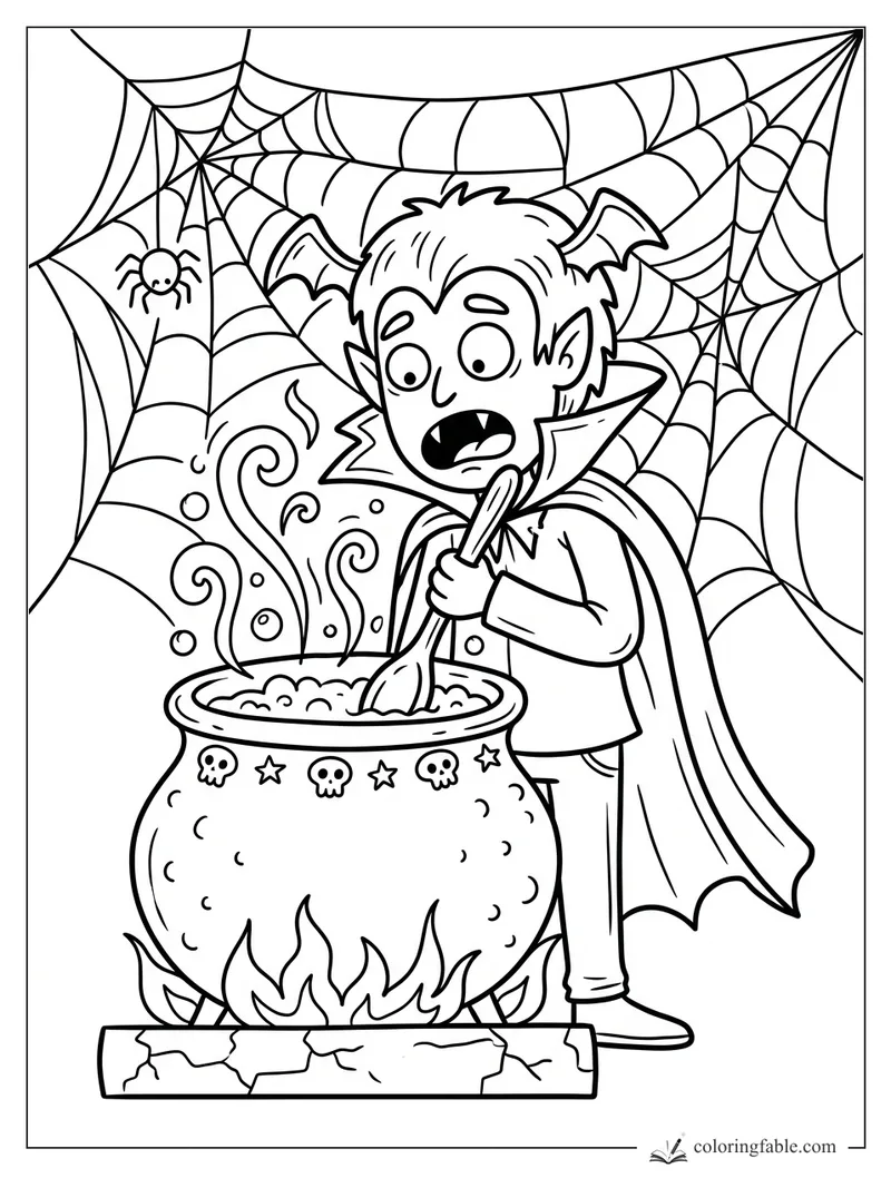 Doodle vampire stirring a bubbling cauldron under spiderwebs, with a tiny spider and bat-wing ears.