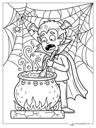 Doodle vampire stirring a bubbling cauldron under spiderwebs, with a tiny spider and bat-wing ears.