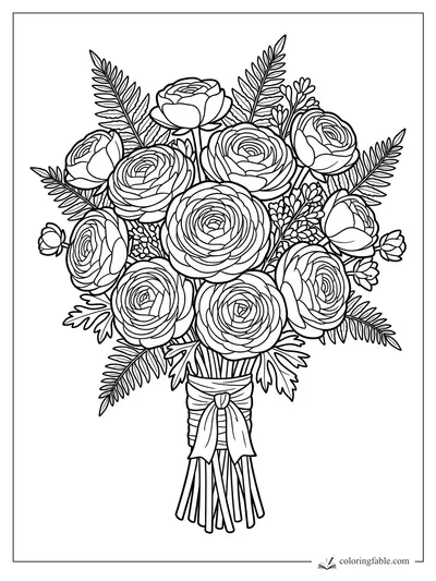 Coloring page of a hand-tied ranunculus bouquet with fern fronds, small buds, ribbon, and visible stems.