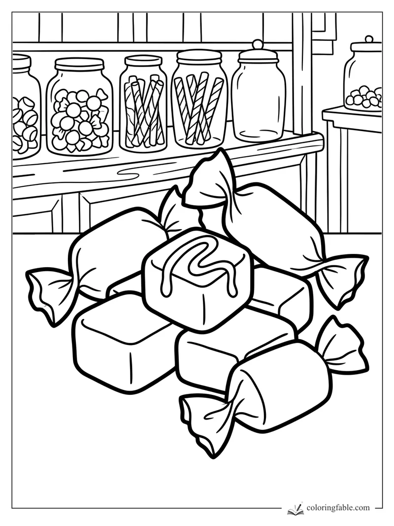 Easy candy coloring page with wrapped sweets, caramel cubes, and candy jars on a shop shelf