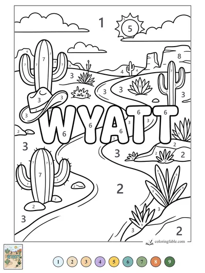 Wyatt Name in a Desert Cactus Scene — color by number