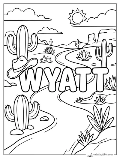 Wyatt name coloring page with cacti, cowboy hat, winding desert road, mesas, clouds, and sun