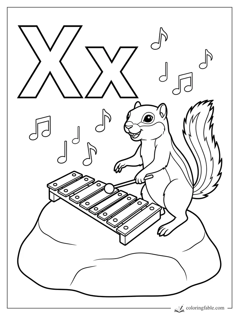 Capital and lowercase X with a smiling squirrel playing a xylophone and floating music notes