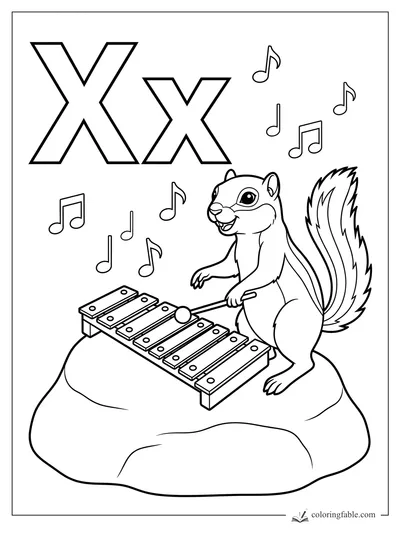 Capital and lowercase X with a smiling squirrel playing a xylophone and floating music notes