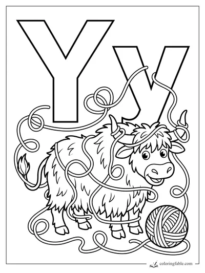 Cartoon yak tangled in looping yarn beside uppercase and lowercase Y letters and a yarn ball.