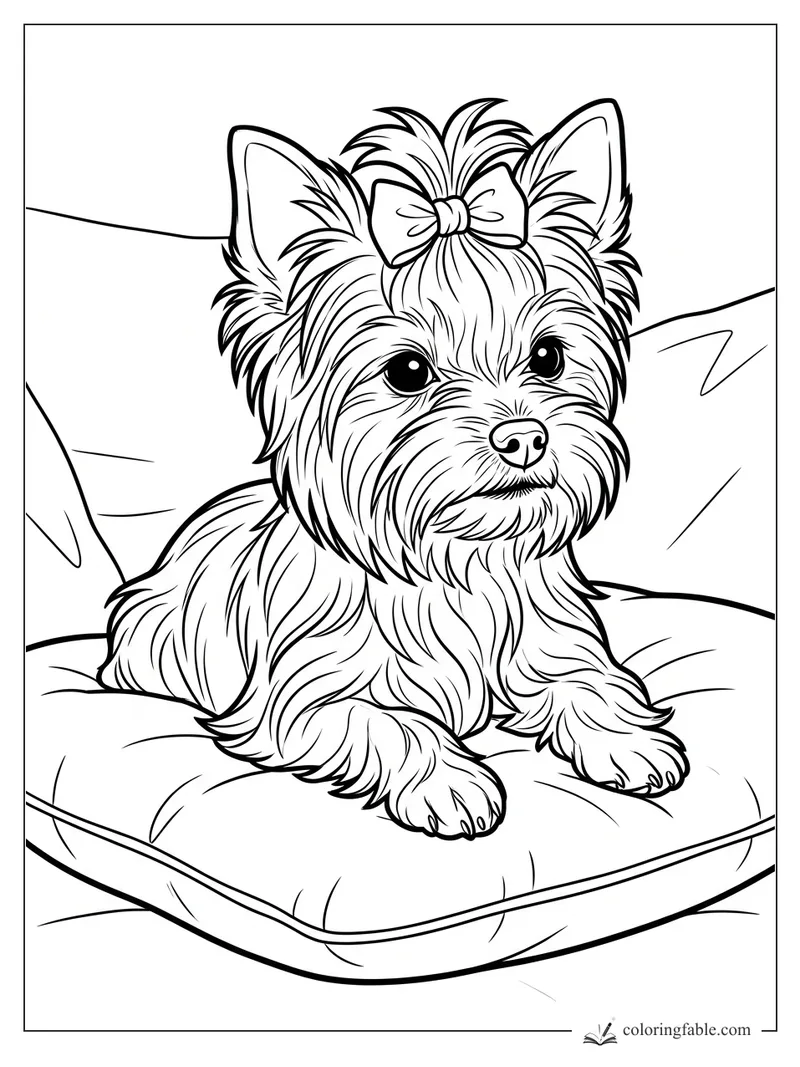 Realistic Yorkie puppy with a hair bow sitting on a plump pillow coloring page
