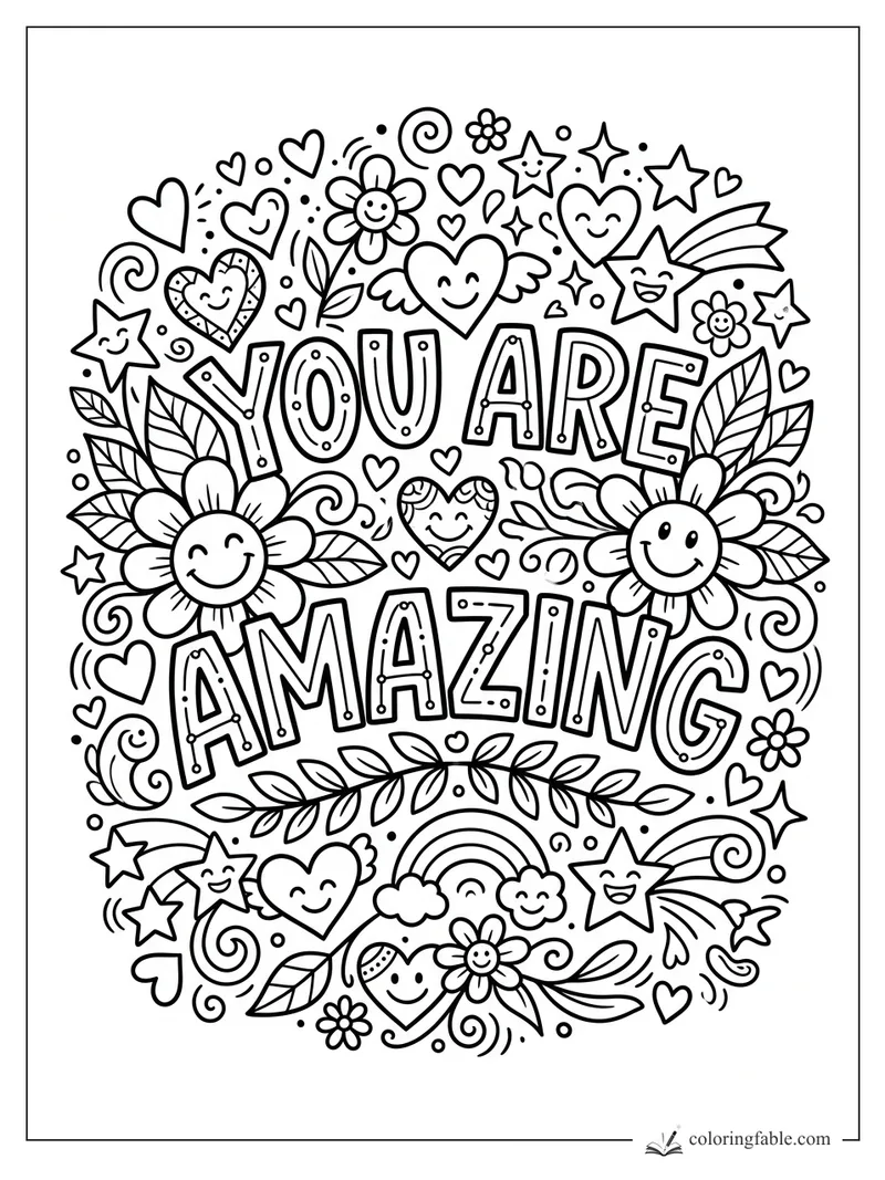 You Are Amazing affirmation coloring page with smiling flowers, hearts, stars, leaves, and rainbow doodles