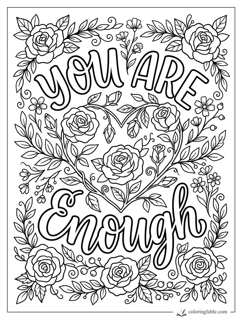 Intricate floral affirmation coloring page with “You Are Enough,” roses, leafy vines, daisies, and heart shape