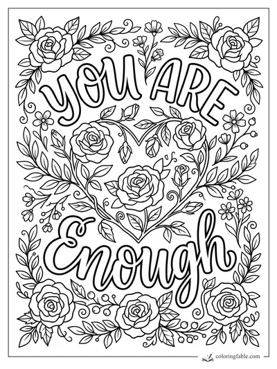 Intricate floral affirmation coloring page with “You Are Enough,” roses, leafy vines, daisies, and heart shape