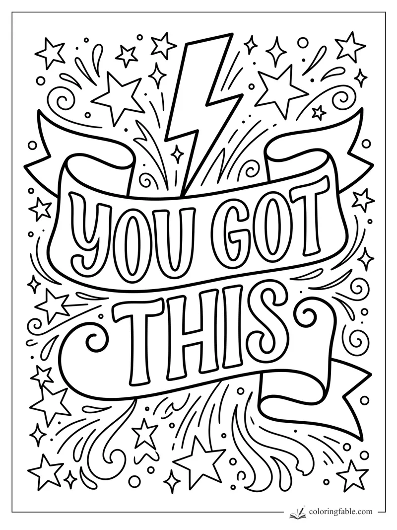 You Got This affirmation coloring page with ribbon banner, lightning bolt, stars, swirls, and sparkles