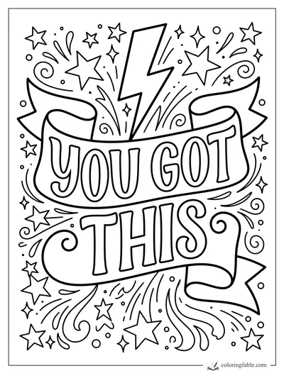 You Got This affirmation coloring page with ribbon banner, lightning bolt, stars, swirls, and sparkles