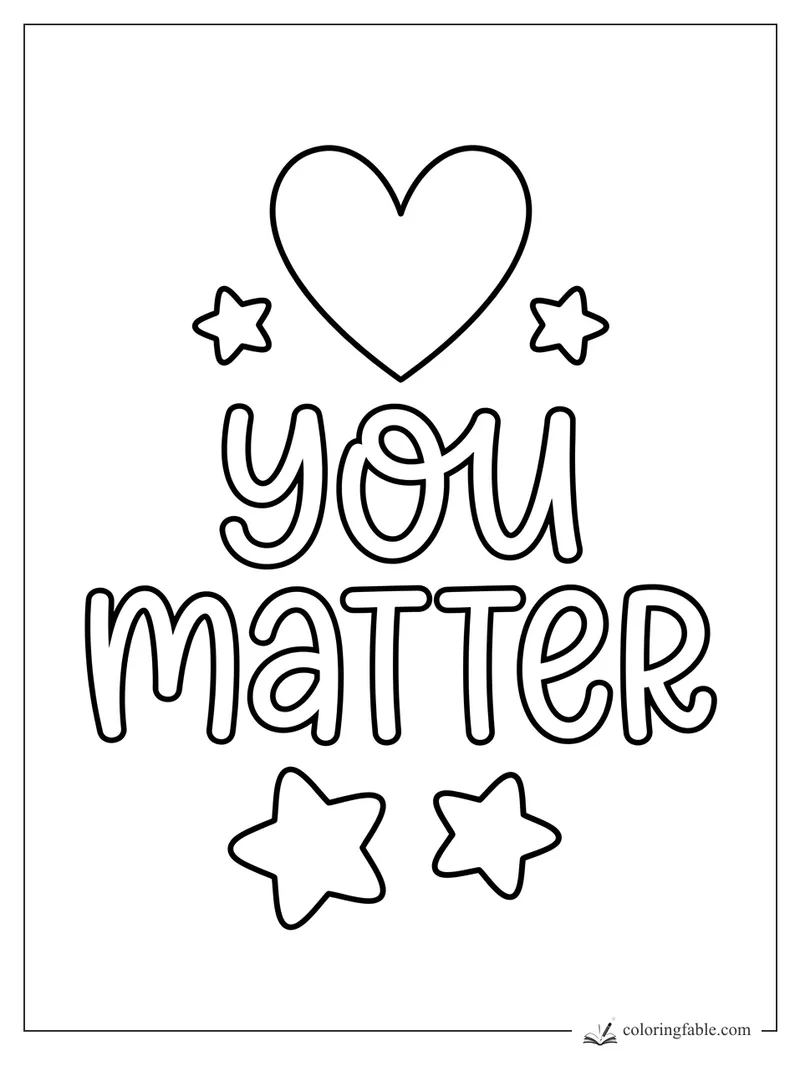 Minimalist “You Matter” affirmation with a heart above and four outlined stars around the words.