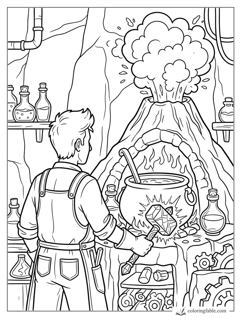Young alchemist faces a bubbling cauldron, crystal wand, potion bottles, gears, and a smoking volcano furnace.