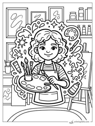 Smiling girl artist with palette, brushes, easel, paint tubes, shelves, and framed art in a sticker style.