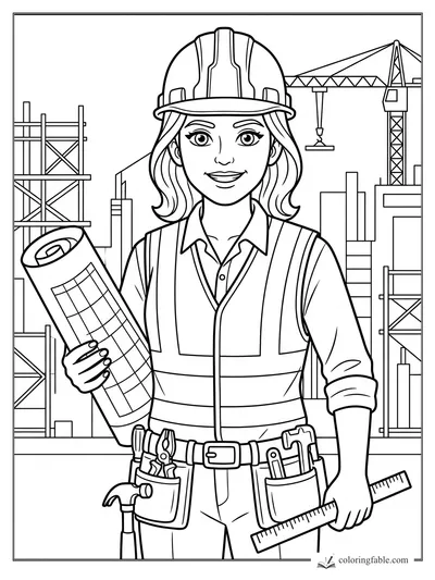 Girl builder in hard hat holding a blueprint, with crane, scaffolding, ruler, and tool belt at construction site