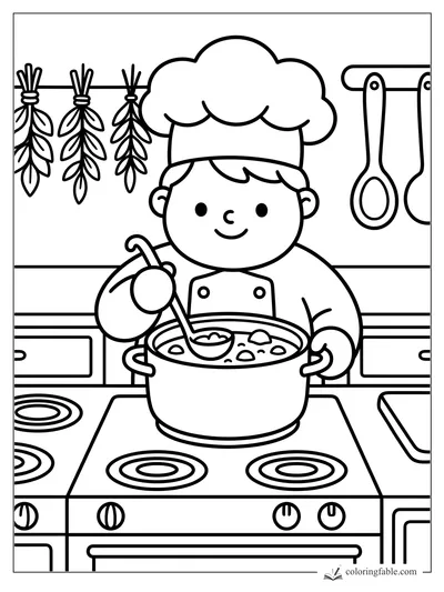 Smiling child chef stirring soup on a stove with hanging herbs, spoon and spatula nearby