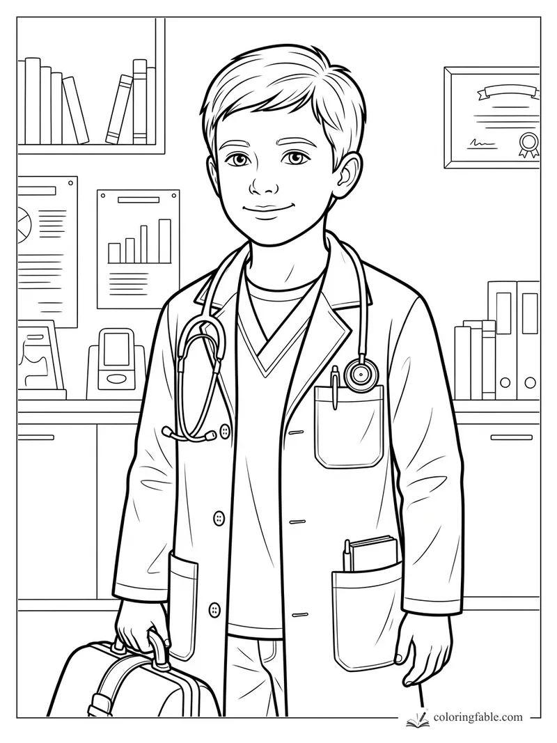 Boy dressed as a doctor with stethoscope, medical bag, charts, books, and certificate in a clinic office.