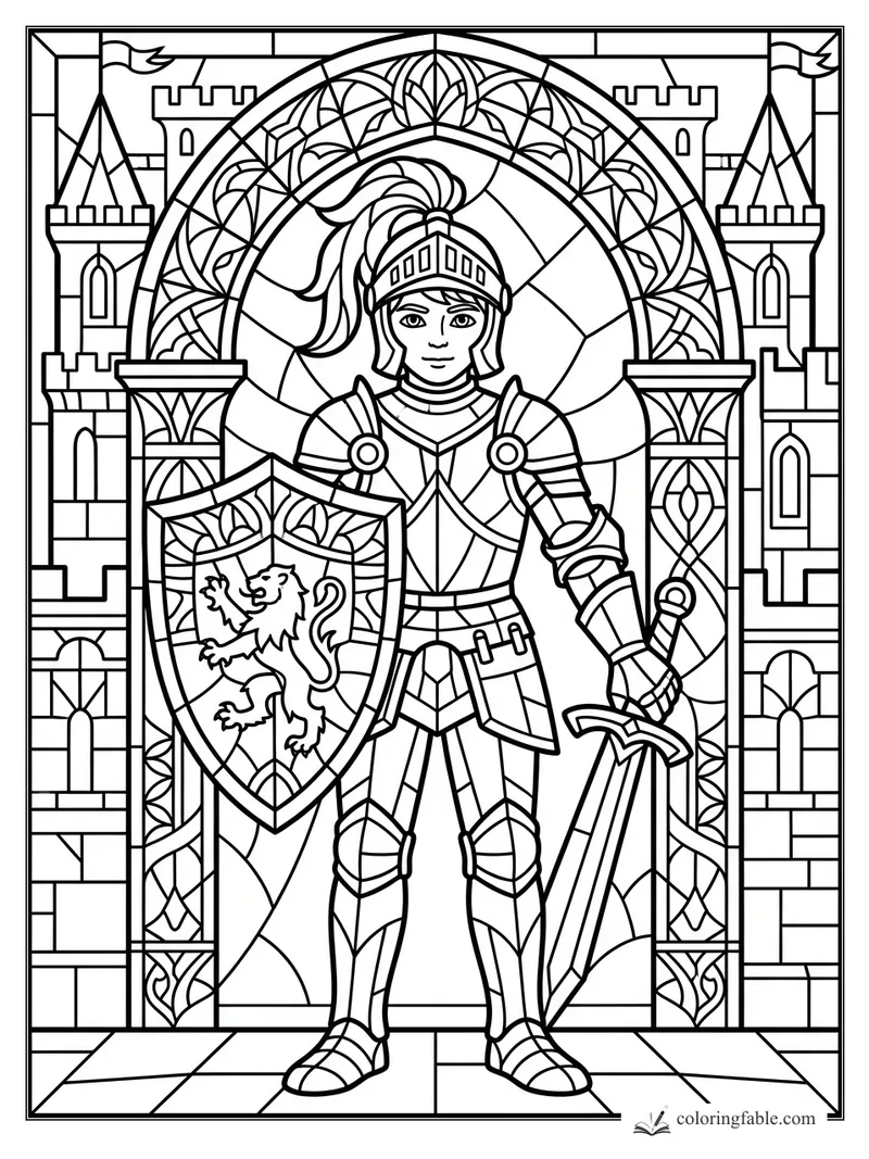 Stained-glass style boy knight with lion shield and sword before a castle gate