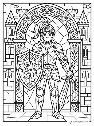 Stained-glass style boy knight with lion shield and sword before a castle gate