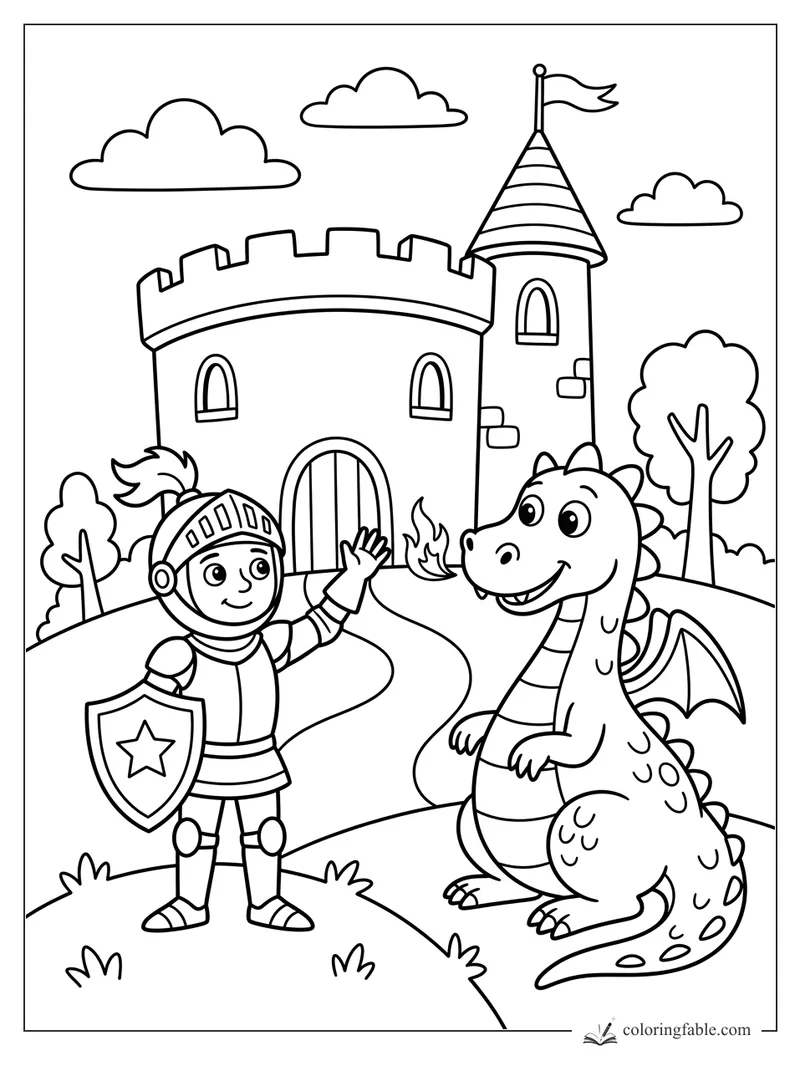 Cartoon knight waves at a smiling dragon outside a castle with flag, tower, trees, clouds, and winding path.