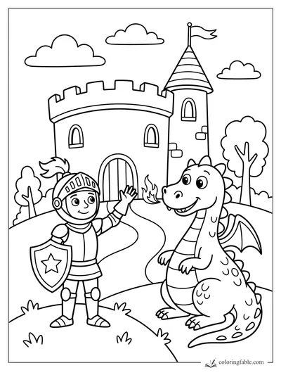 Cartoon knight waves at a smiling dragon outside a castle with flag, tower, trees, clouds, and winding path.