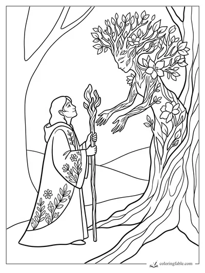 Young robed mage with a staff meets a flower-crowned tree spirit in a forest coloring page.