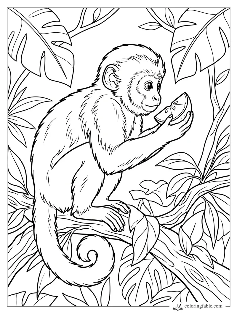 Realistic young monkey perched on a branch, holding a fruit slice among tropical leaves.