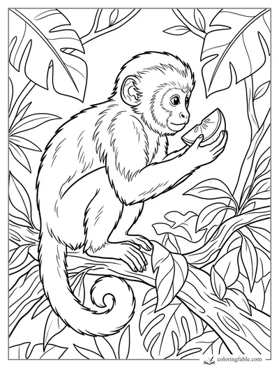 Realistic young monkey perched on a branch, holding a fruit slice among tropical leaves.