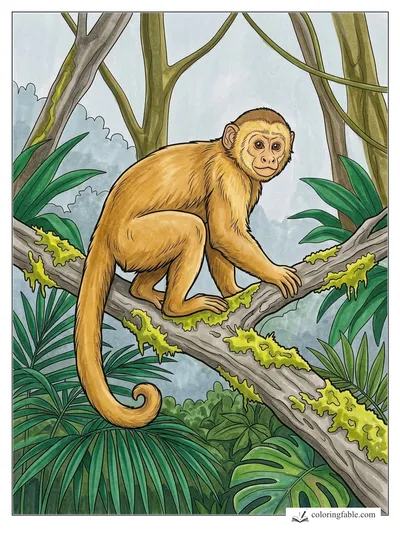 Young Monkey on a Mossy Rainforest Branch — colored example