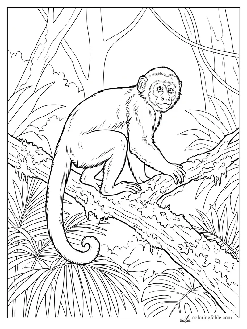 Realistic young monkey crouching on a mossy rainforest branch with vines and broad tropical leaves
