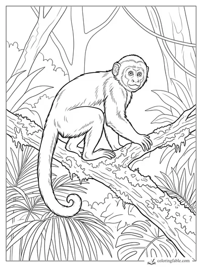 Realistic young monkey crouching on a mossy rainforest branch with vines and broad tropical leaves