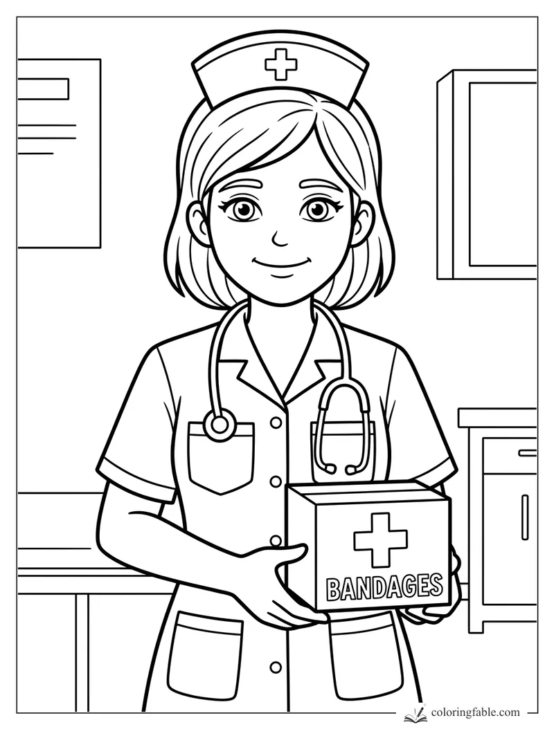 Girl nurse holding a box labeled bandages in a clinic, with stethoscope, nurse cap, cabinets, and chart.