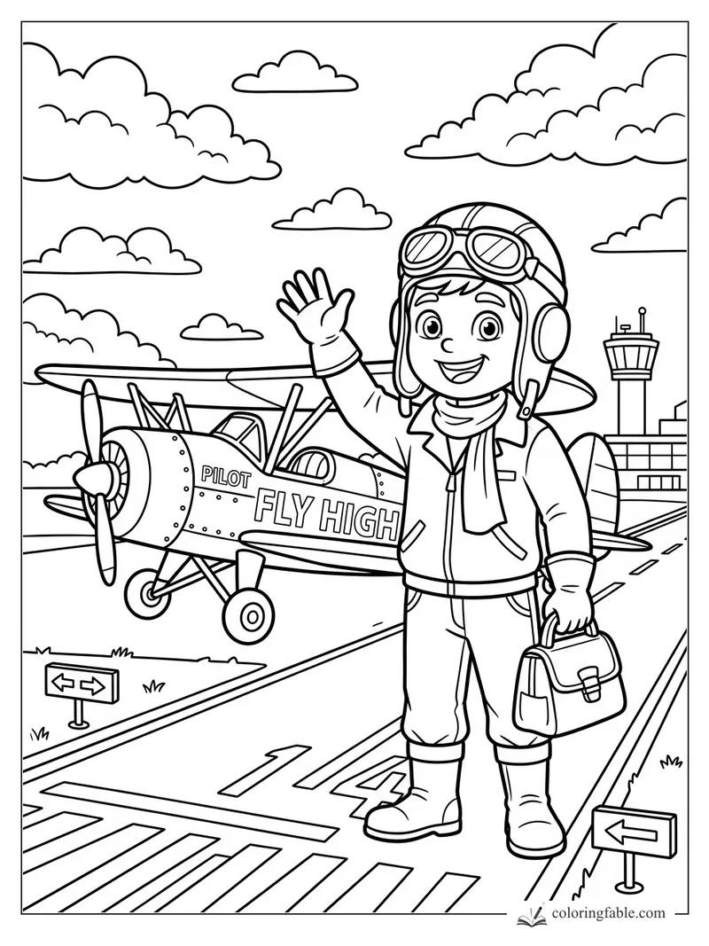 Cartoon boy pilot waving by a Fly High propeller plane at an airport runway