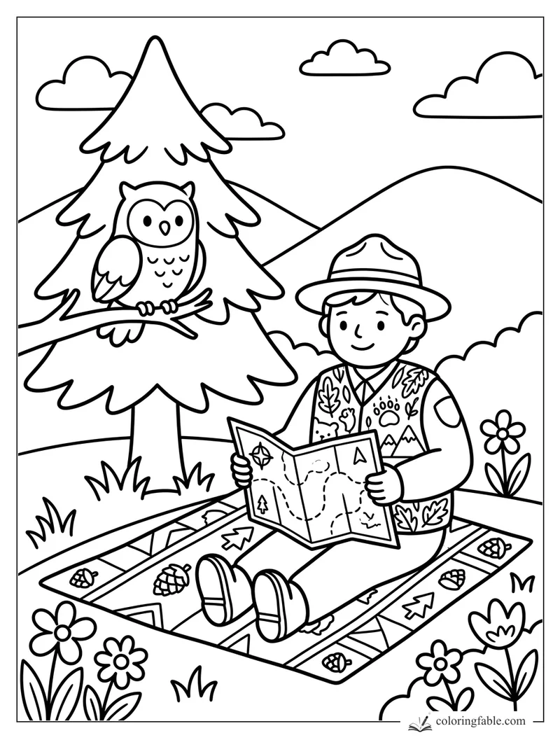 Young ranger with a trail map on a patterned blanket, owl in a pine tree, hills, clouds, and flowers
