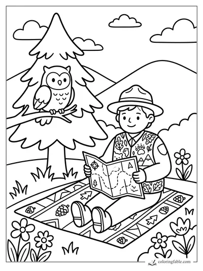 Young ranger with a trail map on a patterned blanket, owl in a pine tree, hills, clouds, and flowers