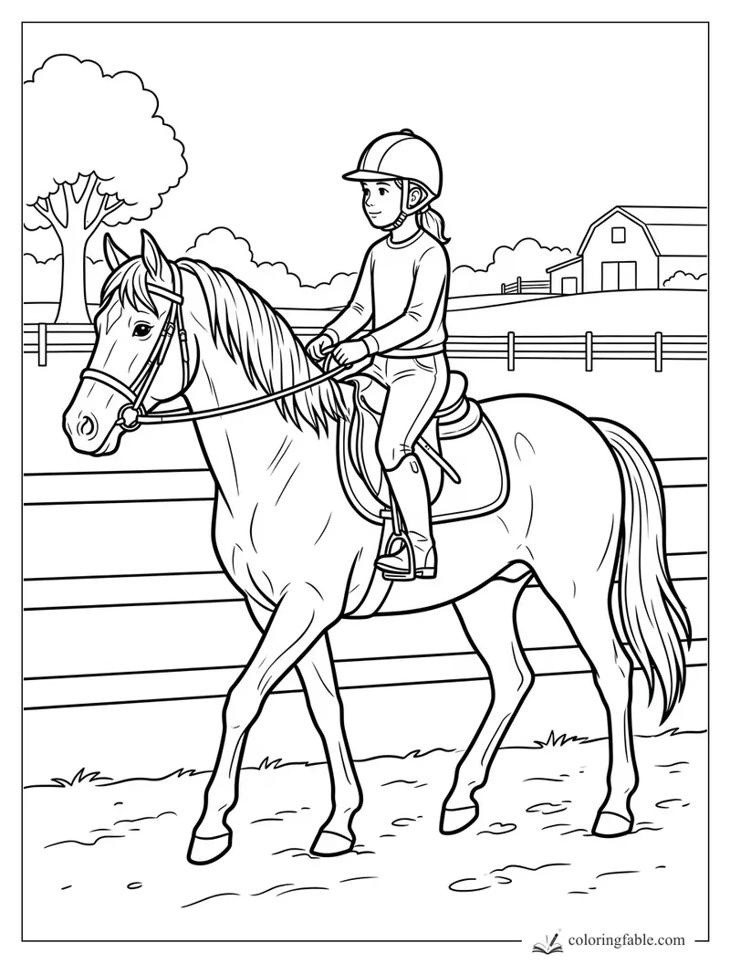 Girl in a riding helmet on a saddled horse near fences, a tree, and a barn in a farm pasture.