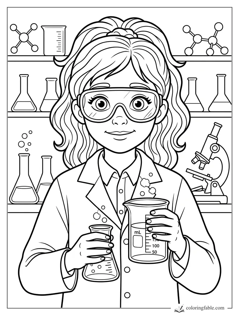 Girl scientist in goggles holding bubbling beakers in a lab with flasks, molecules, and a microscope.